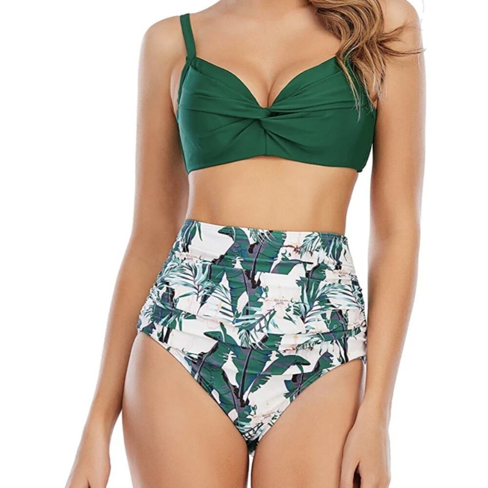 COCOSHIP Green and White Tropical Bikini